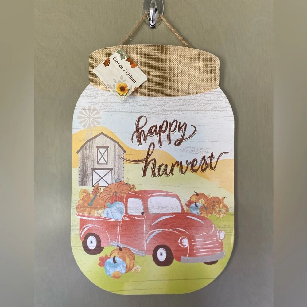 NWT Autumn Fall Mason Jar Happy Harvest Red Truck Pumpkin Farm Wall Door Sign